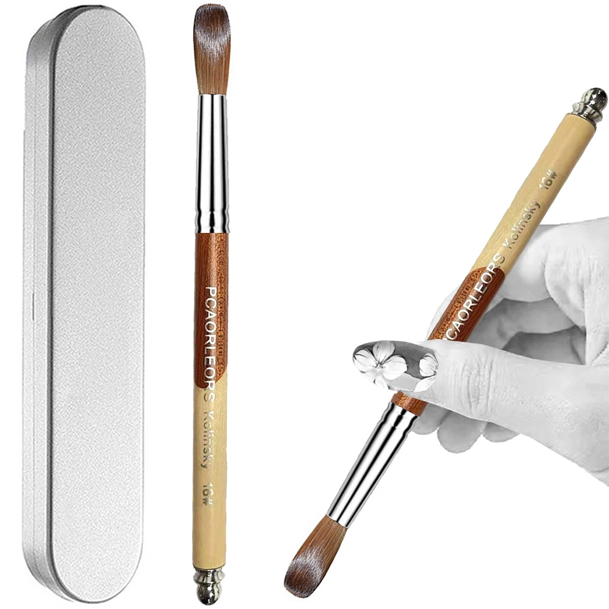 UsiDaer Acrylic Nail Brush Kolinsky, Wooden Handle And Natural Hair Crystal, Carving Tool With Metal End For Nail Art Drawing