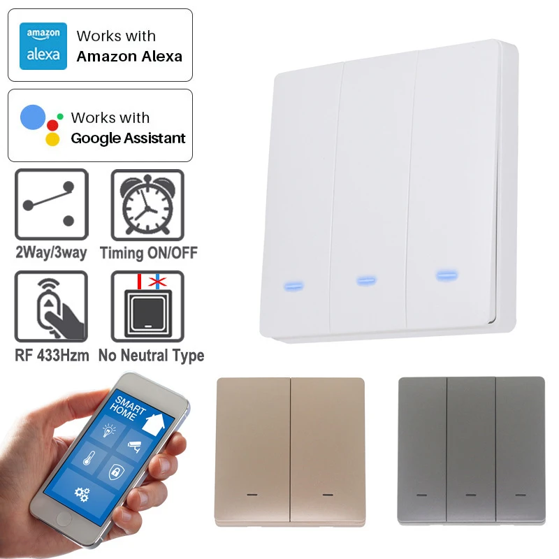 (No neutral) WIFI +RF433 Button Light Wall Switch 3-Color Blue LED 86*86mm TUYA Smart Home 2Way/3Way Alexa Google Home Alice