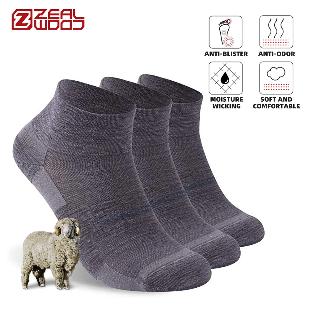 3 Pairs Athletic Running Socks, ZEALWOOD Unisex Merino Wool Anti-blister Cushion Hiking Socks