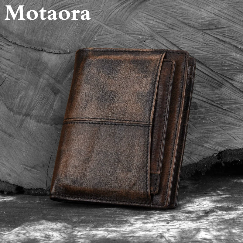 Motaora Men's Wallet Oil Wax Cowhide Short Purse Vintage Coin Bag Men Genuine Leather Wallets Distressed Solid Clutch For Male