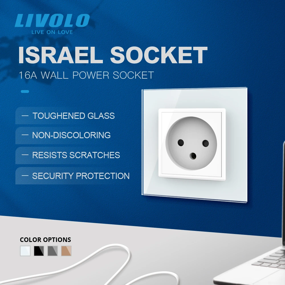 Livolo EU Standard Israel Power Socket, Crystal Glass Panel,100~250V 16A Wall Power Socket,C7C1IL-11/12/13/15(7colors),no logo