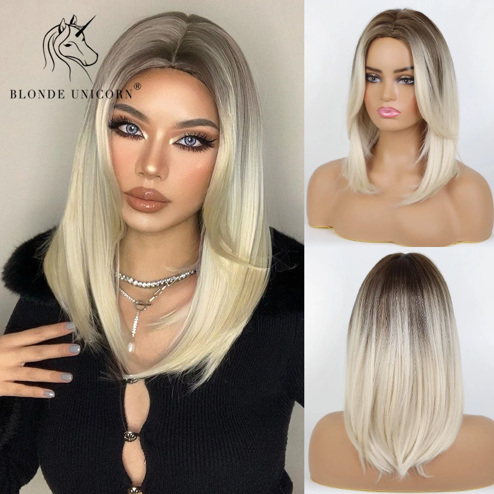 Blonde Unicorn Synthetic Wig Straight Medium Length Ombre Brown Light Blonde Platinum Hair Wigs For Women Heat Resistant Fiber