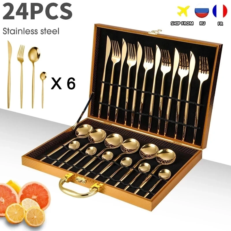 24PCS Cutlery Set Stainless Knife Fork Spoon Flatware Tableware Set Gold Gift Box Portable Dinnerware Dishwasher Kitchenware