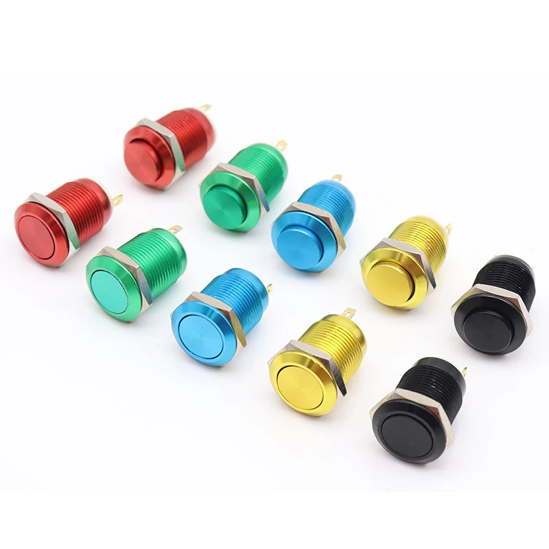 1pc 12mm Color Oxidation Metal Push Button Switch Flat/High Head Waterproof Self-reset/Momentary Normal Open Pin Terminal