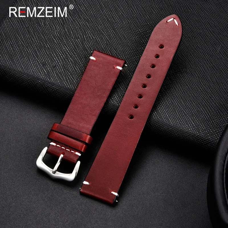 REMZEIM Cow Leather Watchband 18mm 20mm 22mm 24mm Vintage Leather Men Women Replacement Bracelet Strap Band Watch Accessories