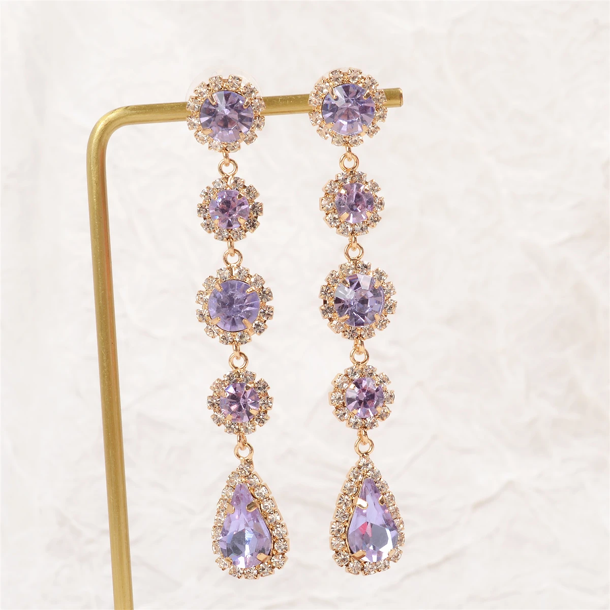 New Luxury Charm Purple Round Water Drop Full Rhinestone Long Dangle Earrings for Women Fashion Boucle D'oreille Femme 5A3020