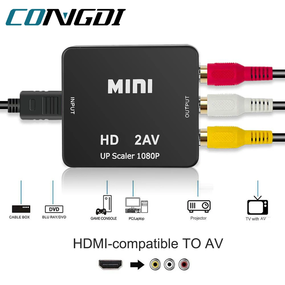 HDMI-compatible TO AV RCA CVSB L/R Video 1080P Scaler Adapter Converter Box HD Video Composite Adapter Support NTSC PAL Output