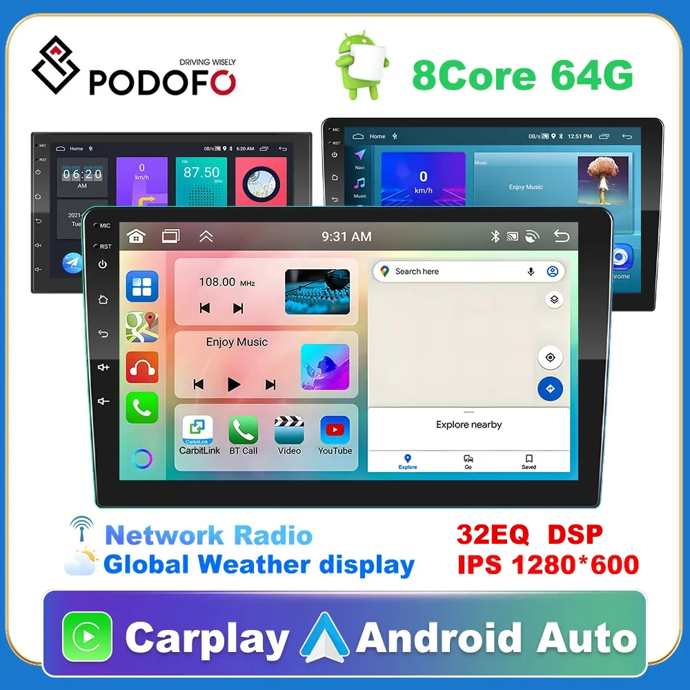 Podofo 2 din Android 7/9/10 inch Car Radio Multimedia Player 8G 128G GPS WIFI for Toyota Volkswagen Hyundai Kia Renault Suzuki