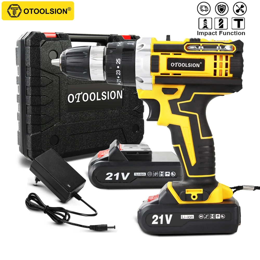 OTOOLSION New 21v Impact Electric Drill Variable Speed Impact Electric Screwdrivers 1500MAh Cordless Drill Lithium Battery