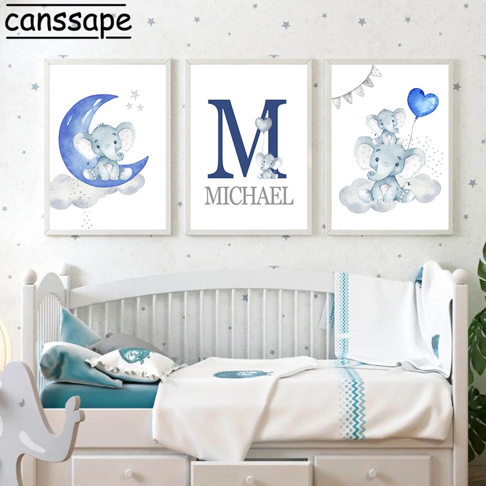 Blue Moon Balloon Canvas Painting Elephant Print Nursery Poster Custom Name Posters Nordic Wall Pictures Boy's Room Decoration