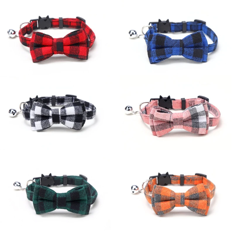 Colorful Plaid Grid Cat Collars Cotton Striped Bowknot Necklace Bulldog Chihuahua Bow Tie Puppy Small Dog Party Bandana Collar