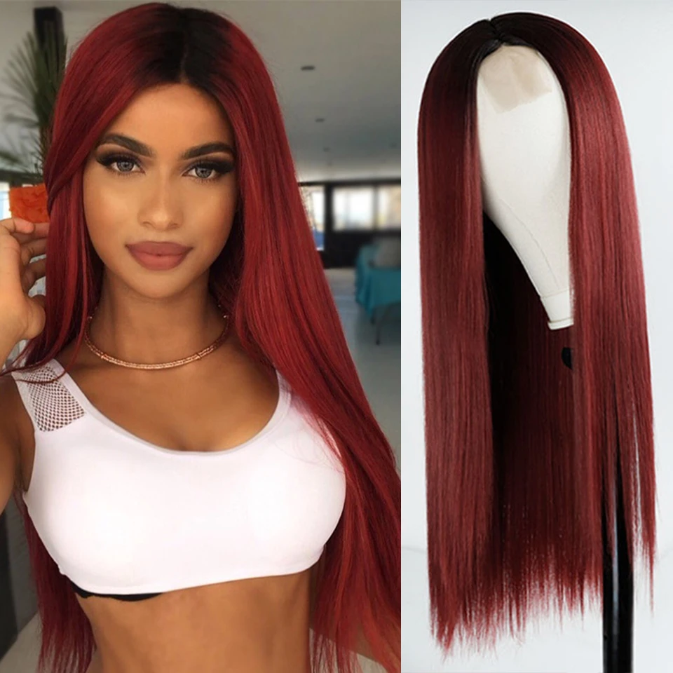 Long Straight Hair Wig Wine Red Synthetic Wig Ladies Natural Hand Middle Heat-resistant Fiber Daily Wig