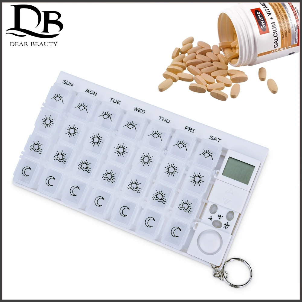 7 Days Pill Box Medicine Pill Case Organizer LED Timer Reminder 28 Grids Weekly Tablets Storage Pill Dispenser Alarm Clock