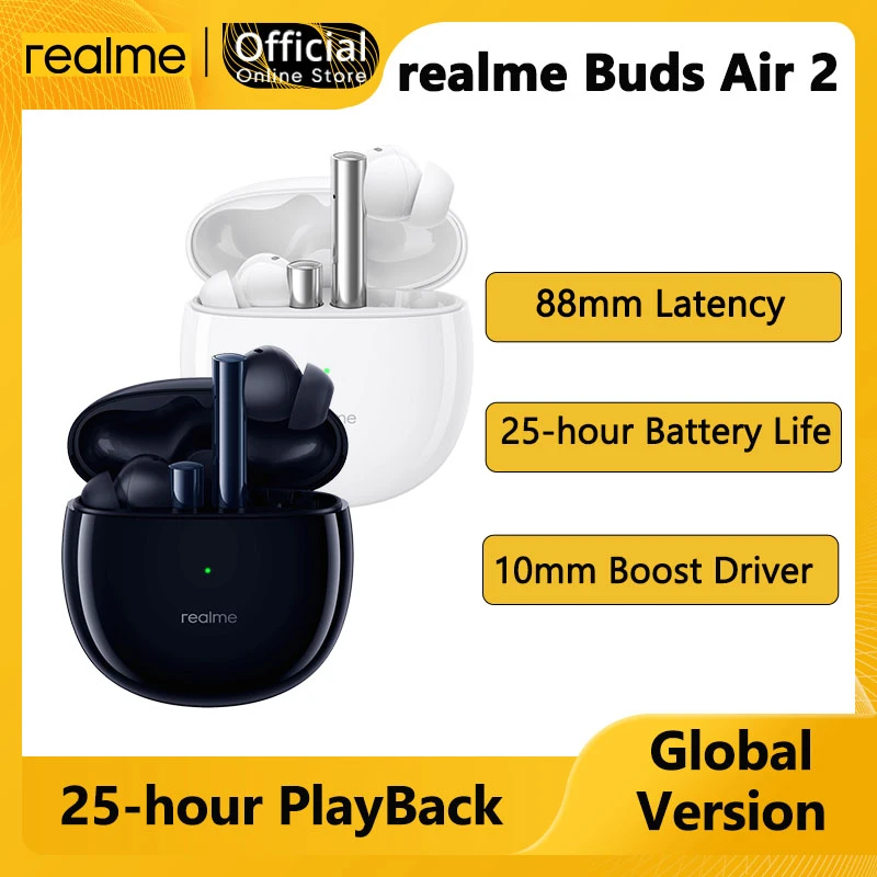 Global Version Realme Buds Air 2 TWS Wireless Bluetooth Earphone Active Noise Cancellation 24hrs Total Playback Earphones