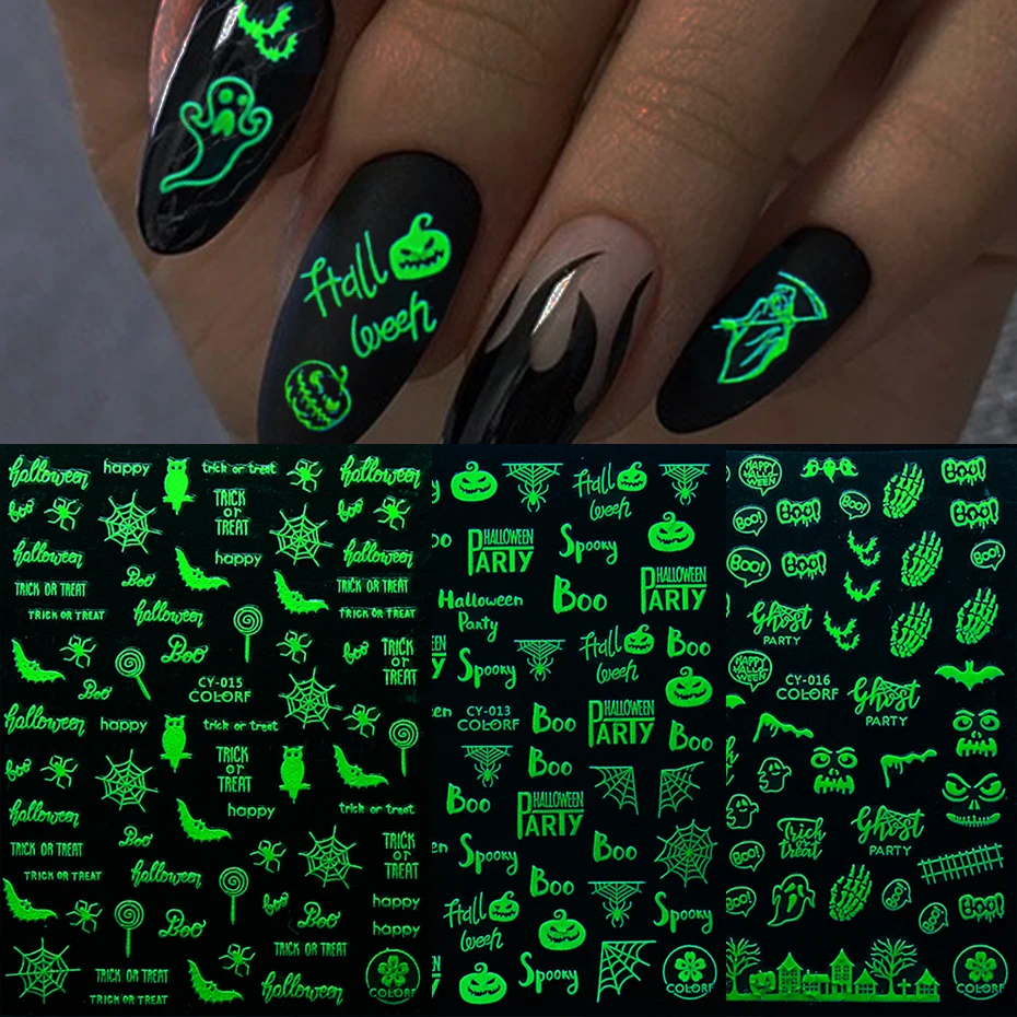 3D Halloween Nail Art Slider Glow In The Dark Luminous Nail Sticker Pumpkin Spider Star Moon Decals Polish Decors JICY001-017