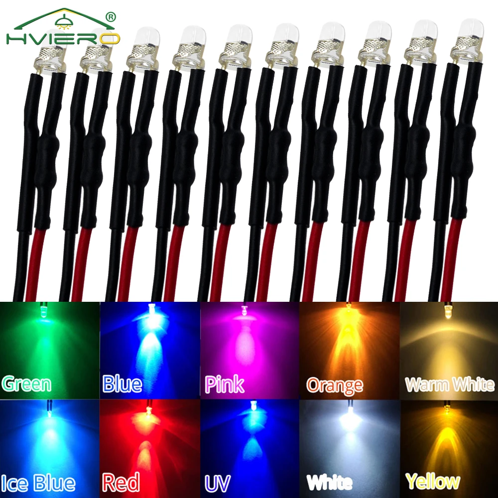 5X Min F3 3mm 20cm Pre Wired LED Round Light Lamp Bulb Chip Beads Cable DC 12V White Warm Red Green Blue Yellow Emitting Diodes