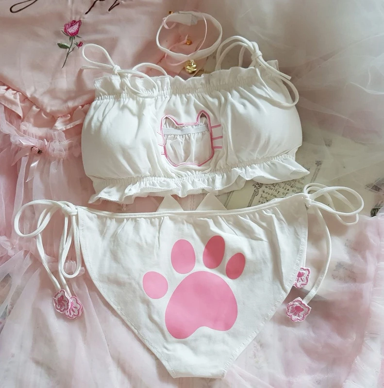 Japanese anime cos sexy cute  Cat girl cotton hollow Out Sexy Open Chest Lace-up Underwear Set Cosplay Cute lace panties set