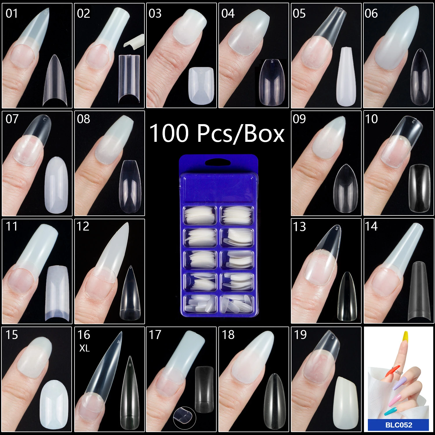 100 Pieces/Box Acrylic False Nail Tips Ballerina Fake Nail Tips 10 Sizes x 10 pcs Almond Oval Round Square Nail Tips Faux Nails