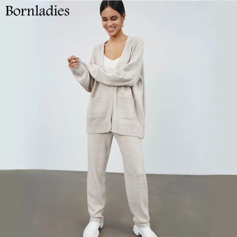 Bornladies Autumn Winter Ladies Loose 2 Pieces Set Sexy V Nexk Pullover Sweater & Lace-up Skinny Pants Casual Women Knitted Sets