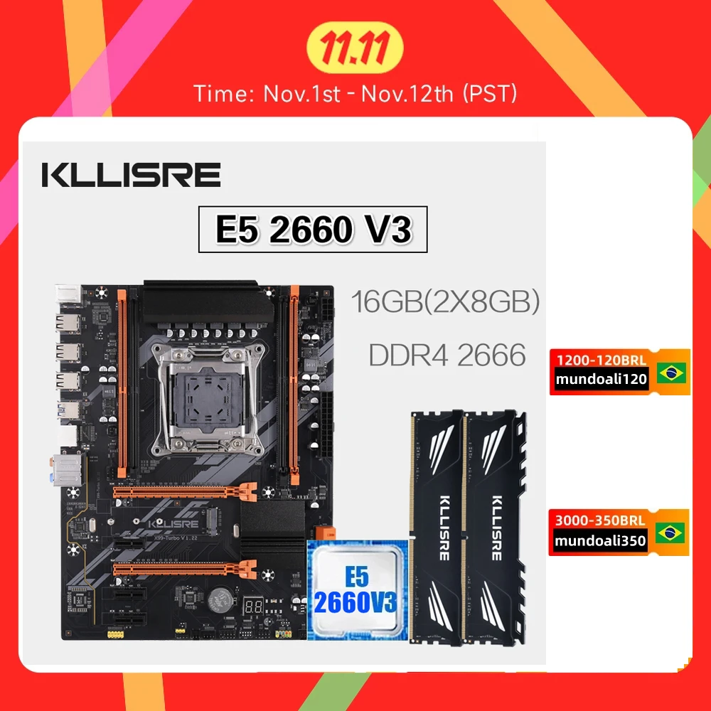 Kllisre X99 D4 motherboard set with Xeon E5 2660 V3 LGA 2011-3 CPU 2pcs X 8GB =16GB 2666MHz DDR4 memory