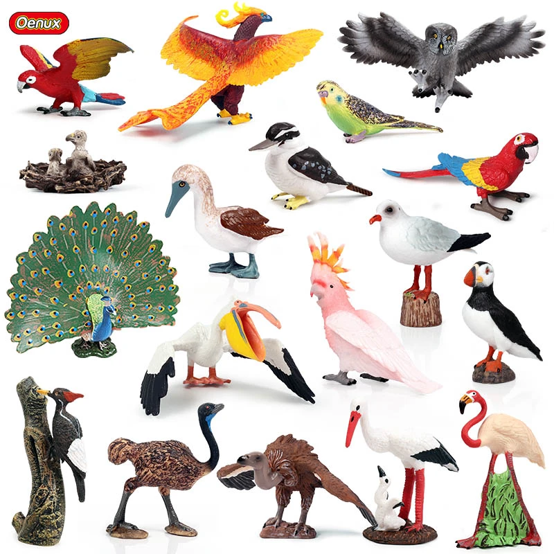Oenux Classic Bird Animal Flamingos Parrot Sea Mew Peacock Owl Ostrich Model Solid PVC Action Figures Miniature Education Toy