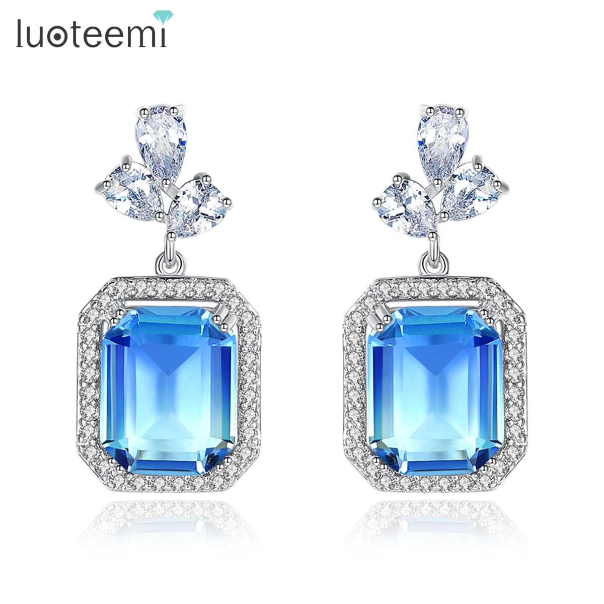 LUOTEEMI Brand Exquisite Drop Earrings for Women Party Dating Shiny CZ Luxury Square-shaped Color Treasure Female Christmas Gift