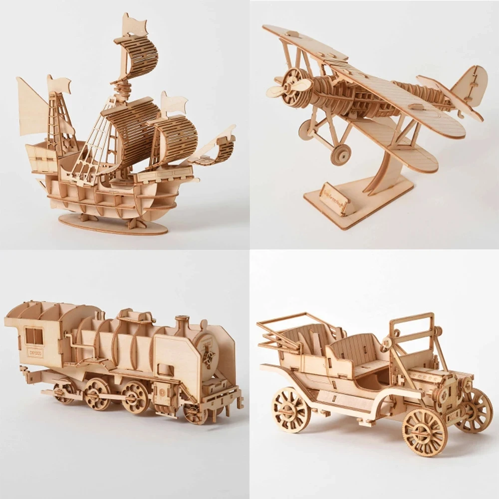 Laser Cutting DIY Sailing Ship Train Airplane Toys 3D Wooden Puzzle Toy Assembly Model Kits Desk Decoration for Children Kids