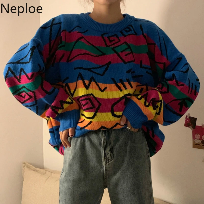 Neploe Chic Retro Crazy Style Loose Pull Femme Graffiti Lover Rainbow Striped Knit Sweater O Neck Long Sleeve Patch Pulllover
