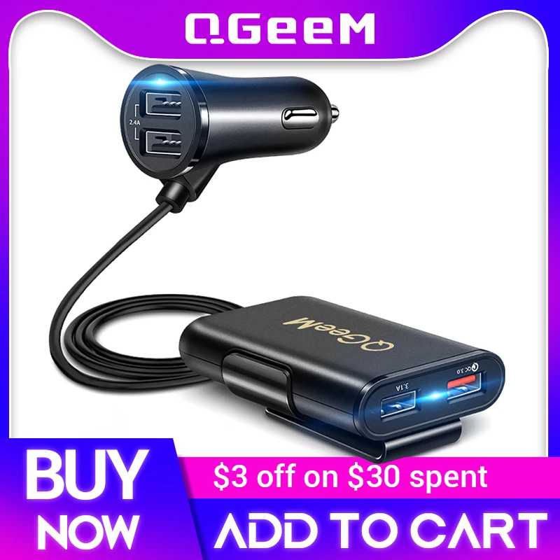 QGEEM 4 USB QC 3.0 Car Charger Quick Charge 3.0 Phone Car Fast Front Back Charger Adapter Car Portable Charger Plug for iPhone