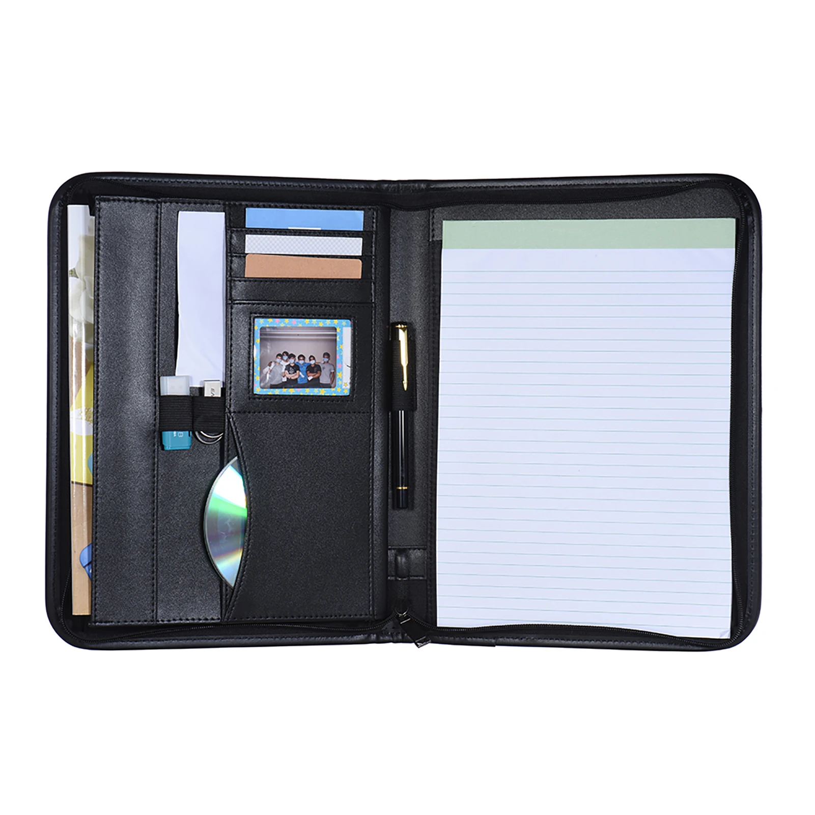 Multifunctional Professional Business Portfolio Padfolio Folder Document Case A4 PU Leather Zippered Closure with Card Holder