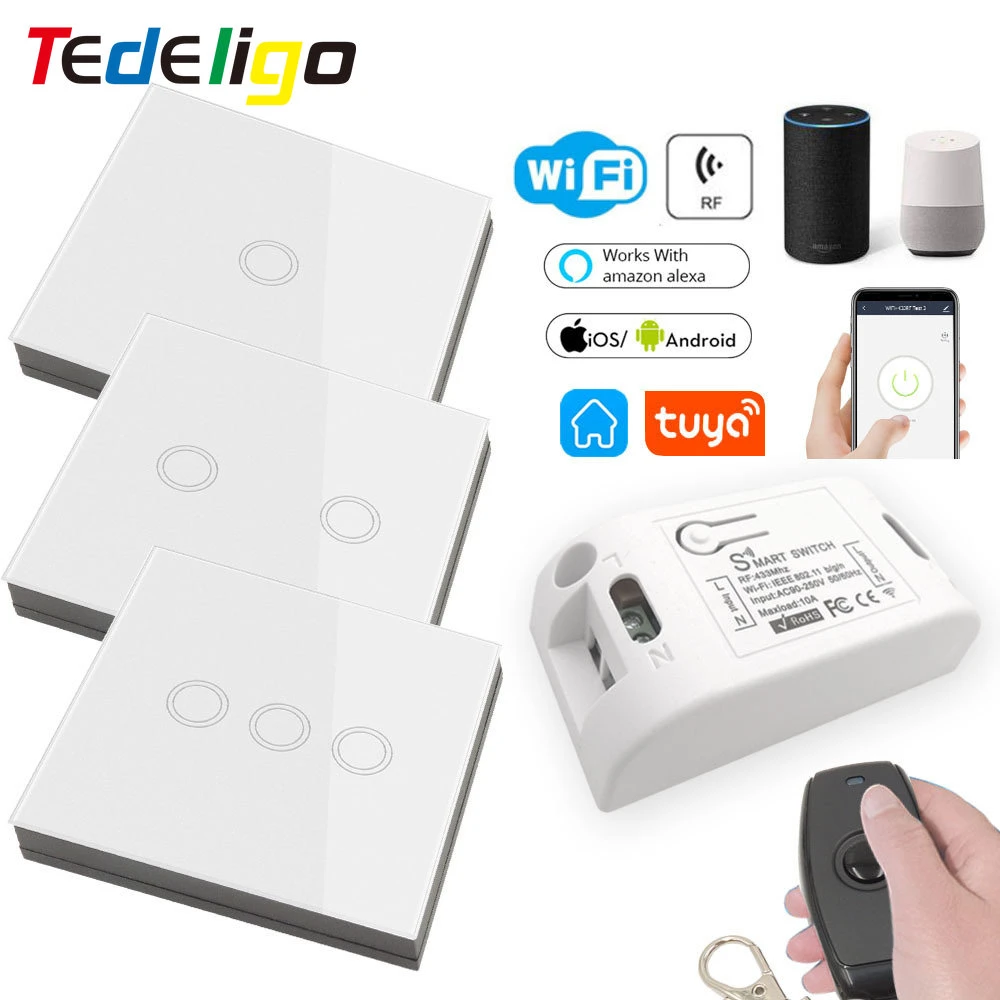 Tuya Smart App Wifi Light Controller Touch Wall Switch RF Wireless 433Mhz RemoteControl AC110V220V GoogleHome Alexa Timer Module