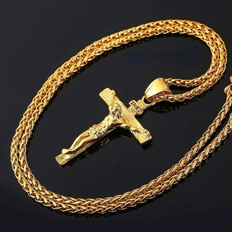 Religious Jesus Cross Necklace for Men Fashion Gold color Cross Pendent with Chain Necklace Jewelry Gifts for Men