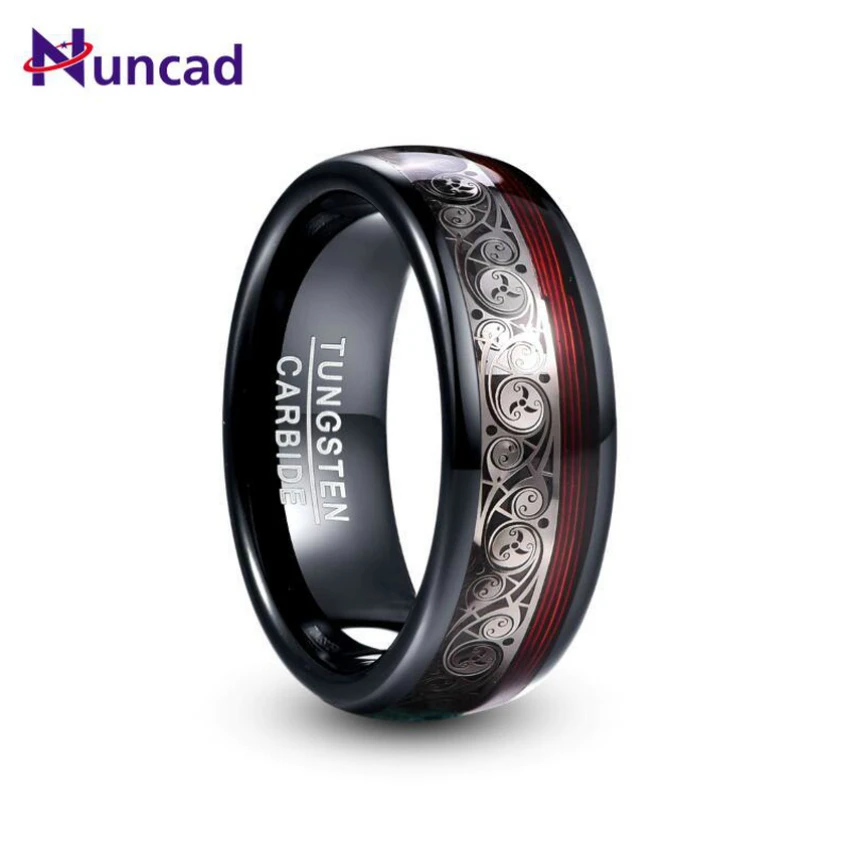 NUNCAD 8mm Wide Tungsten Steel Ring Plating Black Inlay Triple Spiral Pattern+Red Guitar String Tungsten Carbide Ring T229R