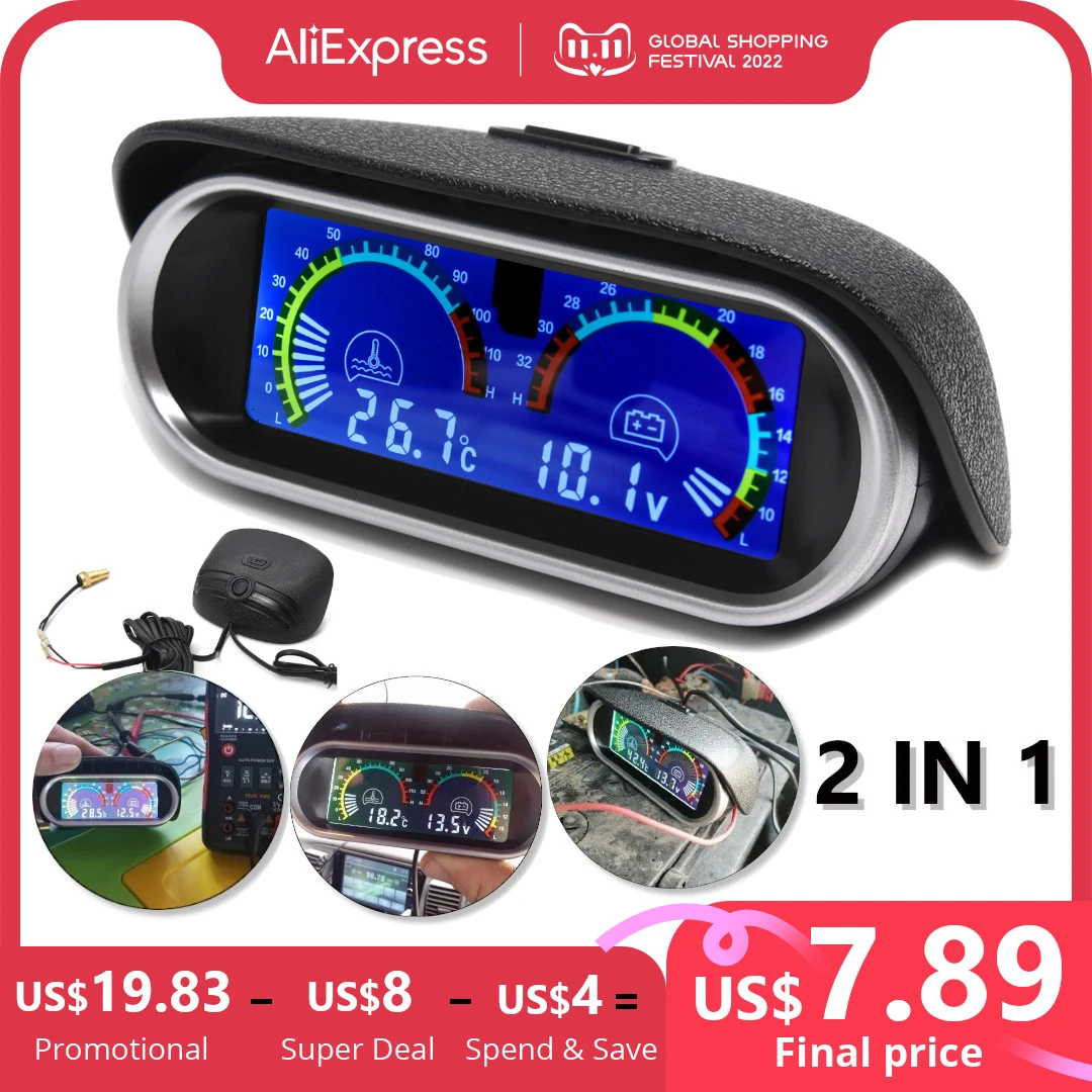 2 in 1 12v/24v LCD Car Digital Horizontal gauge Water Temp Gauge Meter Voltmeter Voltage Gauges with Temperature Sensor