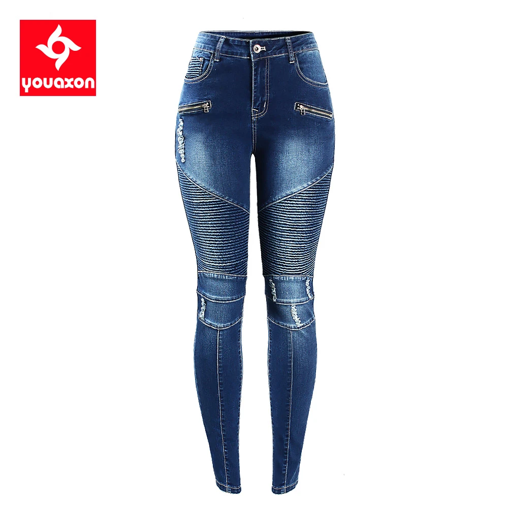 2077 Youaxon Women`s Motorcycle Biker Zip Mid High Waist Stretch Denim Skinny Pants Motor Jeans For Women