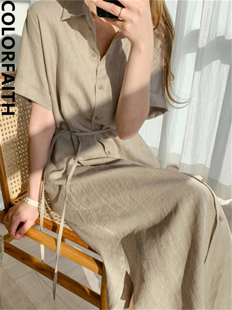 Colorfaith New 2021 Women Summer Shirt Dress Casual 3 Colors Loose Fashionable Split Lace Up Cotton and Linen Long Dress DR1670