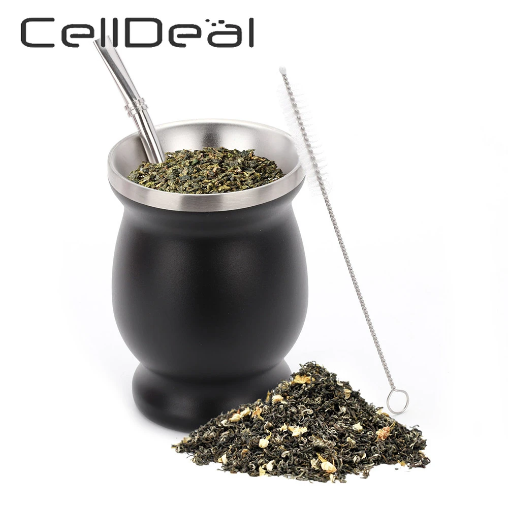 Gourd Tea Cup Yerba Mate Cup 8 Ounces Stainless Steel with Spoon Straw Cleaning Brush Gourd Cup Double-Wall 230ML Cup Easy Clean