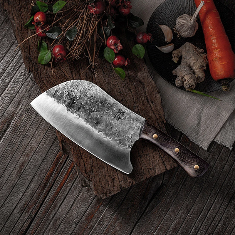 Traditional Handmade Forged Kitchen Knife Hammer Stainless Steel Chef's Chopper Cooking Knives Wooden Meat Slicer Butcher Knife