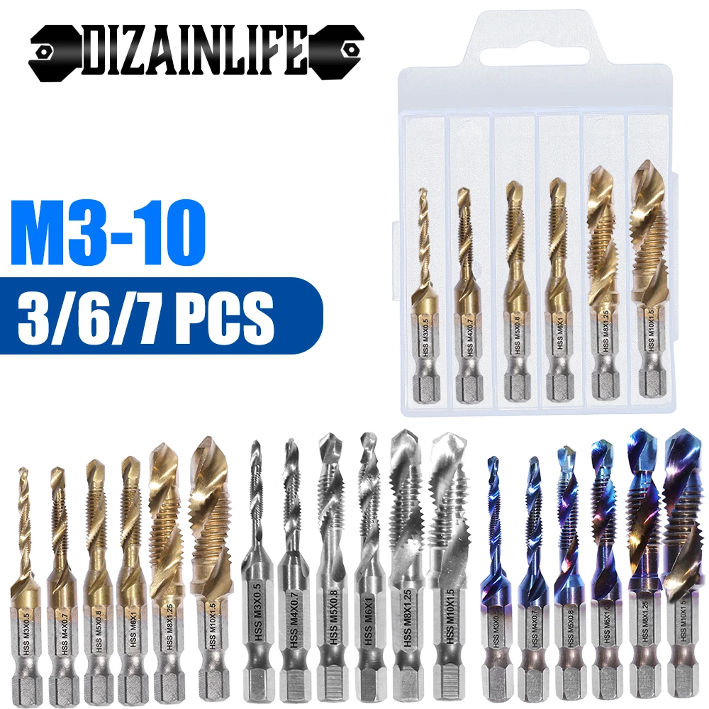 M3 M4 M5 M6 M8 M10 Tap Drill Titanium Plated Hex Shank HSS Screw Machine Compound Hand Tools Metric Thread Tap Drill Bits Set