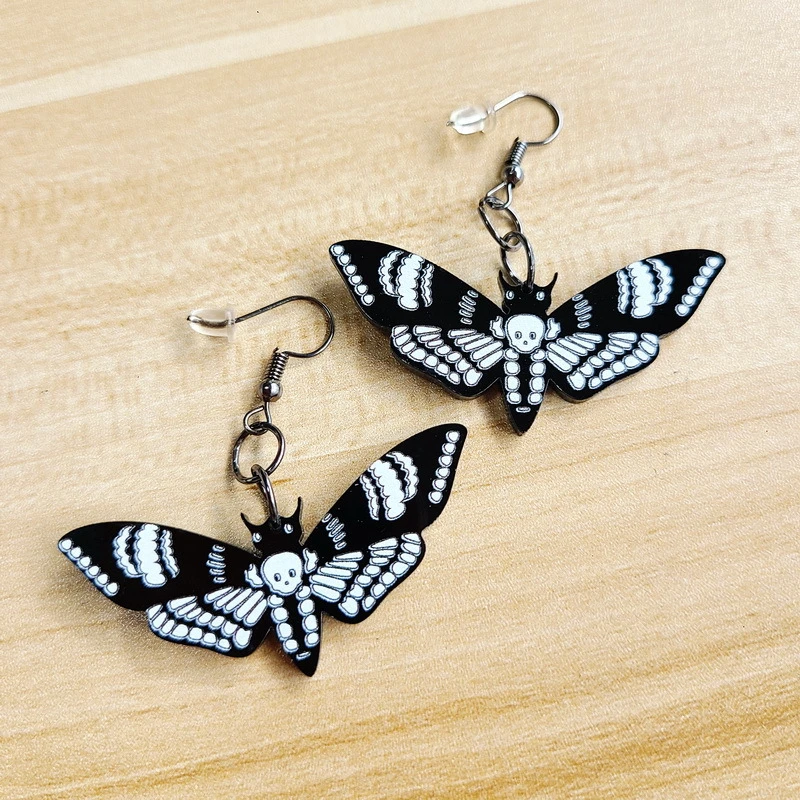 Black Dark Skull Moth Insect Butterfly Acrylic Earrings for Women Girls Exaggerated Unique Dangle Earrings Jewelry for Female