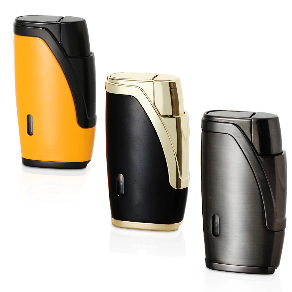 COHIBA Metal Cigar Lighter 2 Jet Torch Lighter Butane Gas Lighters Windproof Cigarette Lighters W/ Cigar Cutter