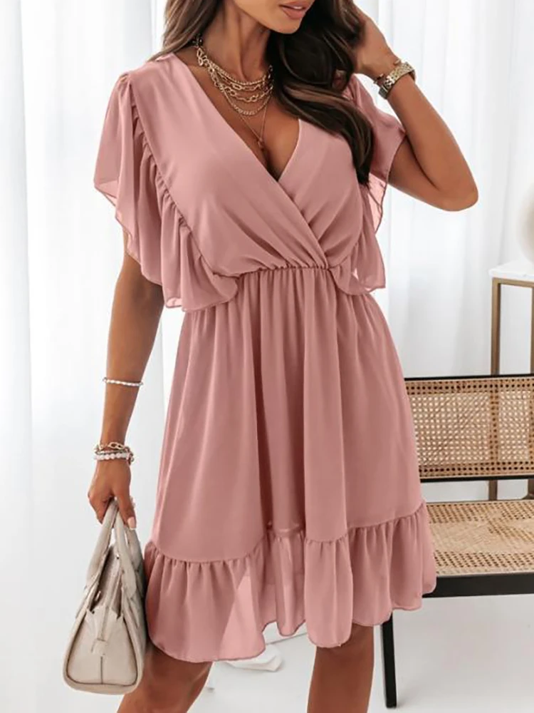 Summer Ladies Sexy V-Neck Party Dress Women Elegant Floral Print Ruffle Dress Casual Short Sleeve A-Line Pleated Dress Vestidos