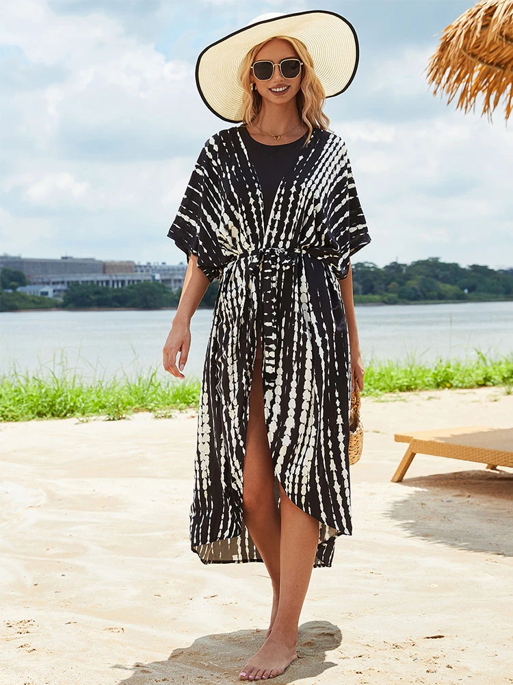 2021 Bikini Cover-ups Black Retro Striped Self Belted Plus Size WomenSummer Kimono Dress Beach Wear Swim Suit Cover Up Q1225