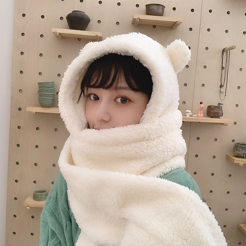 2020 Fashion Winter Women Novelty Beanies Caps Warm Cute Bear Ear Hat Casual Plush Hat Scarf Set Casual Solid Women Caps Present