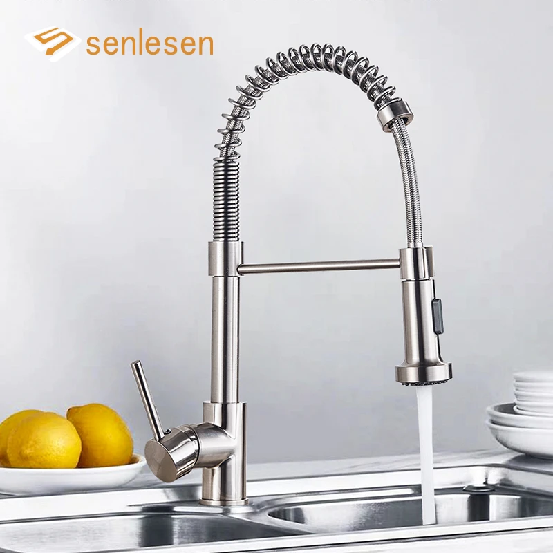 Senlesen Spring Kitchen Sink Faucet Double Water Modes Copper Rotatable Deck Mounted Hot and Cold Water Mixer Tap Crane