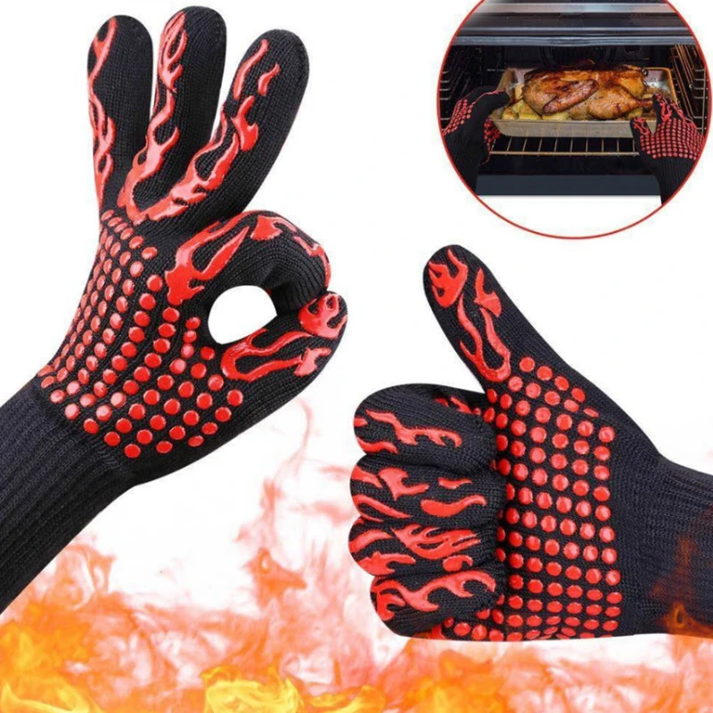 One Pair BBQ Grill Gloves Heat Resistant Gloves Silicone Non-Slip Cooking Baking Barbecue Oven Gloves Fireproof  BBQ Accessories