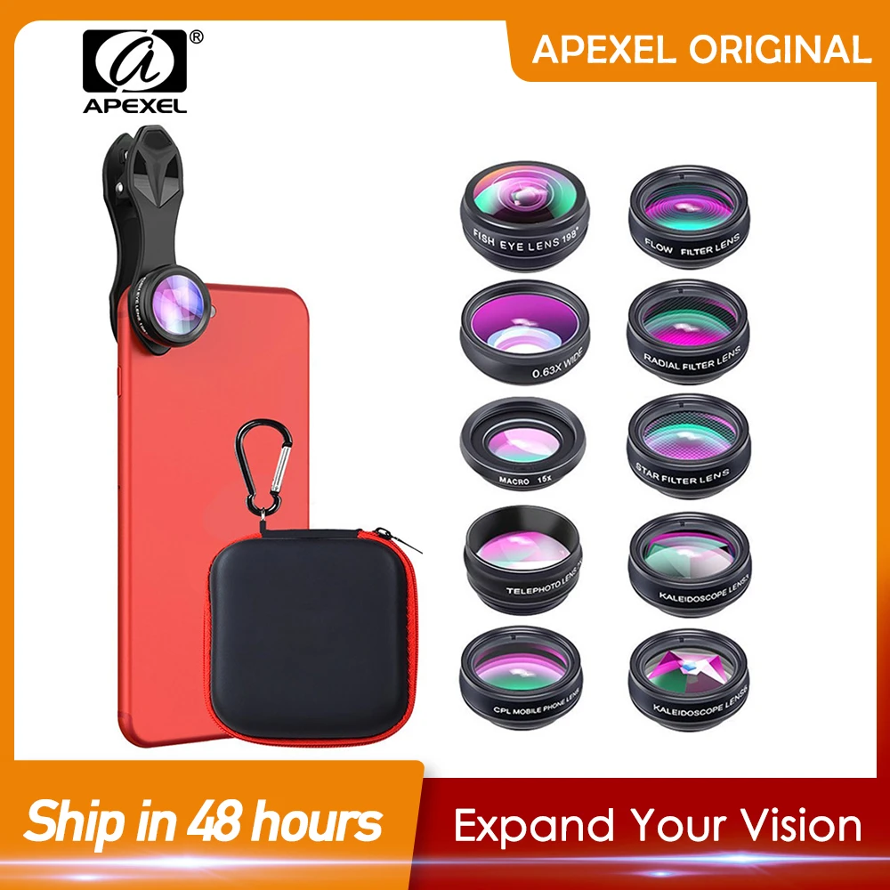 APEXEL 10 in 1 Mobile Phone Lens Kit Fisheye Wide Angle Telescope Macro Camera Lenses For iPhone Samsung Huawei all smartphones