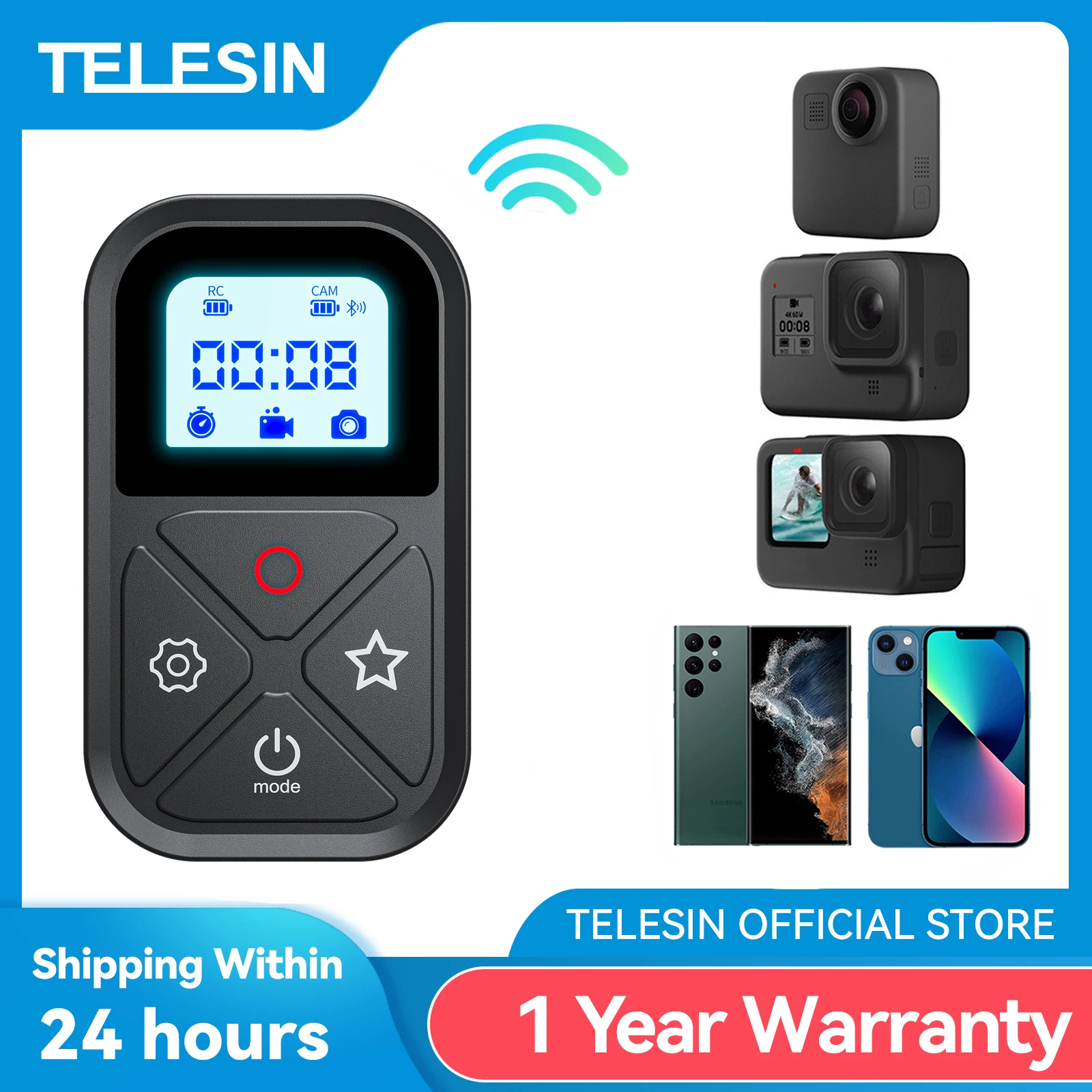 TELESIN 80M Wifi Remote Control Self-luminous OLED Screen With Set Shortcut Key For GoPro Hero 10 9 8 7 6 5 4 Session GoPro Max