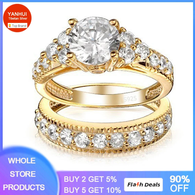 With Certificate 100% Original 925 Solid Silver Rings Set For Women 2.0ct Natural Zirconia Pure Gold Wedding Rings Set for Bride