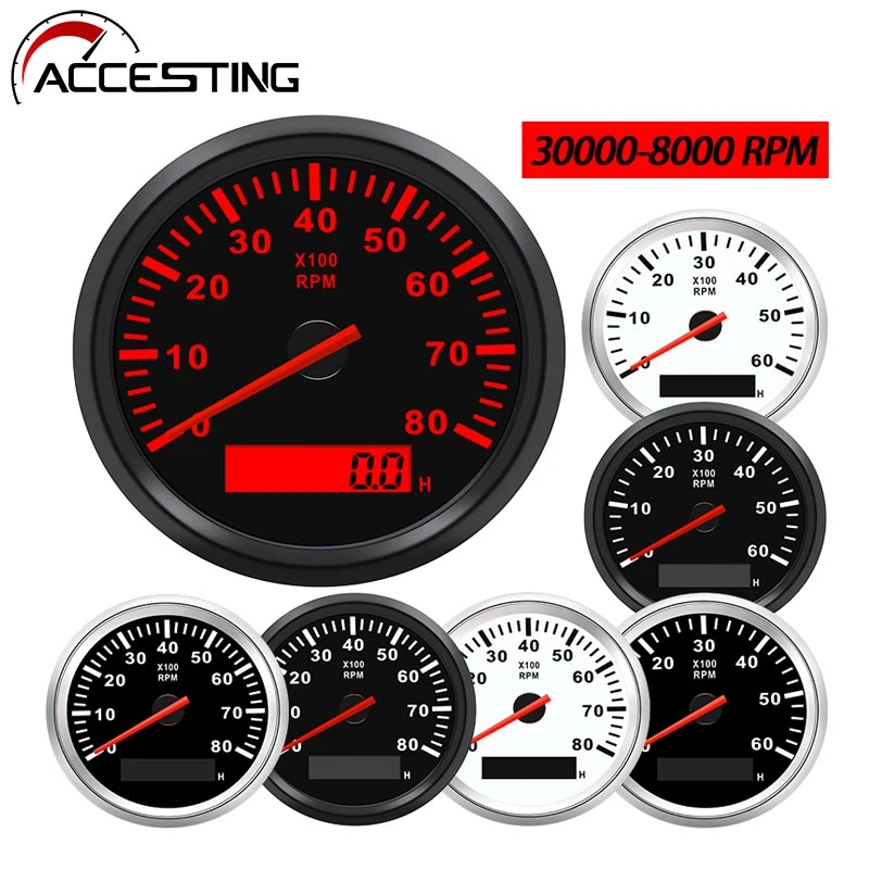 8K Boat Tachometer Marine Tacho Meter Gauge LCD Hourmeter 12V/24V 8000 RPM 85mm Car Tachometer Toerenteller 12v Hour Meter